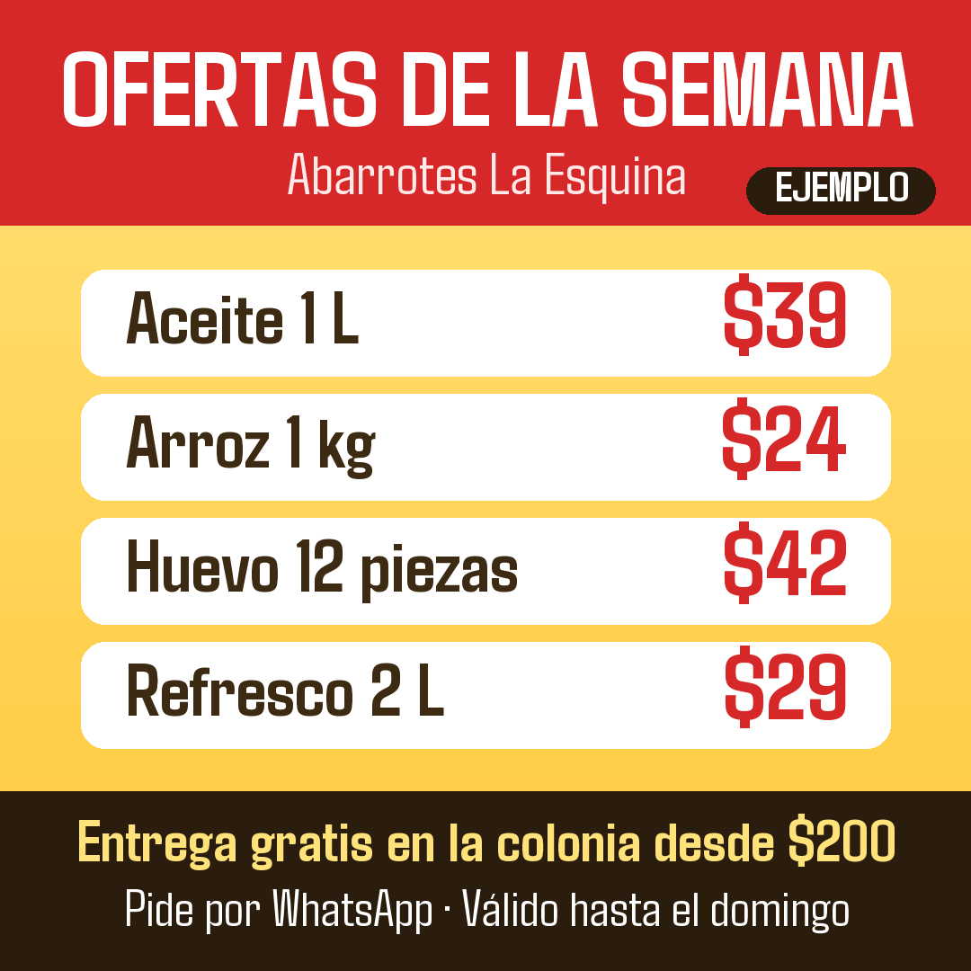 Anuncio de ofertas de la semana de un abarrote: aceite, arroz, huevo y refresco con su precio
